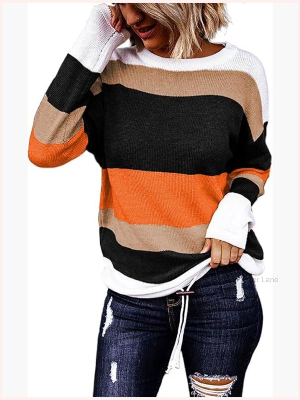 Crewneck Drawstring Color Block Stripe Pullover Sweater